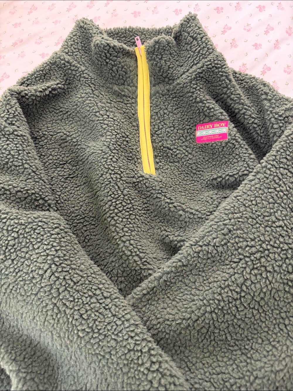 Dairy Boy Olive Green Teddy Half-Zip Jacket with Yellow Trim